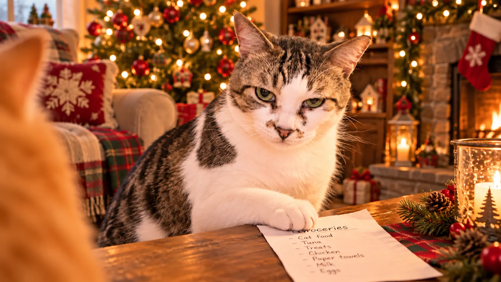 Goliath, a brown tabby and white cat, with his paw on a grocery list beside a Christmas tree