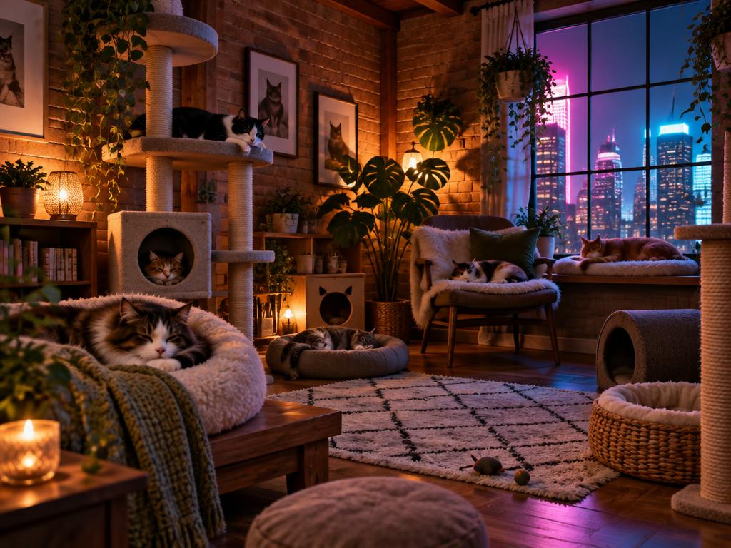 The sanctuary room at night, lit by warm lamps and soft neon